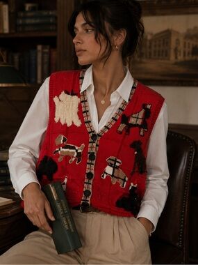 Vintage Red Dog Appliqué Button Front Sweater Vest Medium Novelty Cottagecore